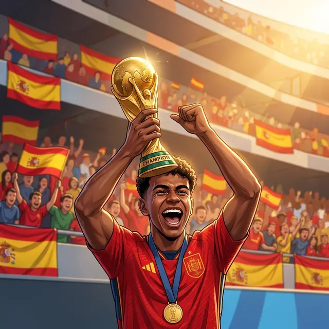 Lamine Yamal merayakan kemenangan sambil mencatat rekor bersejarah pada Piala Dunia 2026.