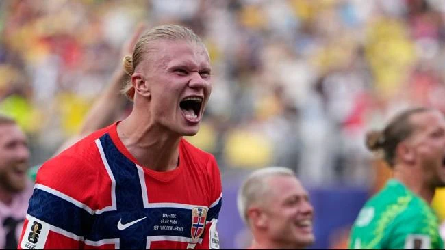 Erling Haaland merayakan gol ke gawang Brasil di Piala Dunia 2026