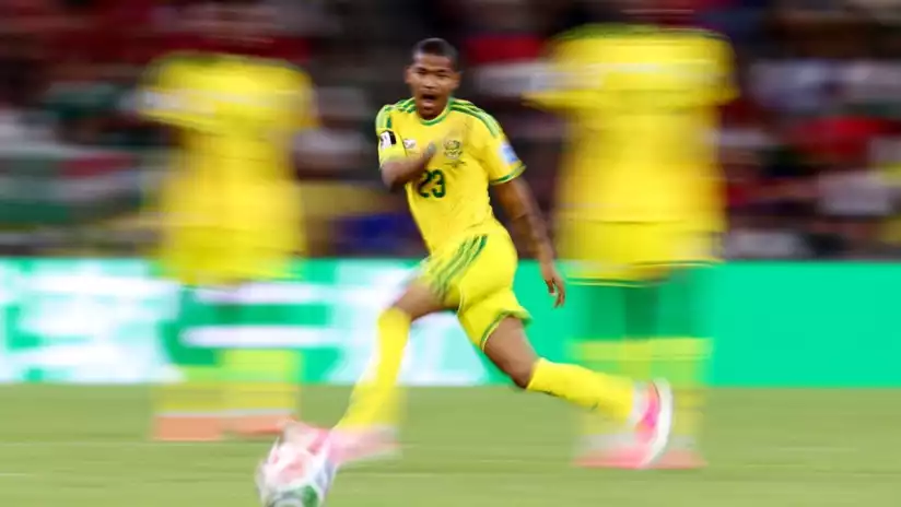 Jayden Adams pemain Timnas Afrika Selatan saat tampil pada pertandingan Piala Dunia 2026 sebelum meninggal dunia di usia 25 tahun.